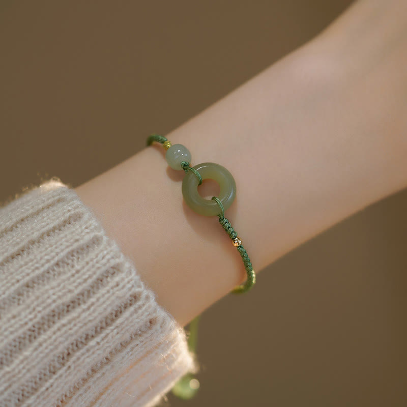 Wear FengShui Lotus Jade Peace Buckle Bead Luck Happiness Charm String Bracelet
