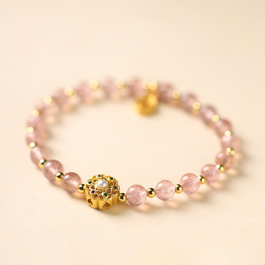 Wear FengShui 14K Gold Plated Natural Strawberry Quartz Labradorite Sun Stone Fu Character Positive Charm Bracelet