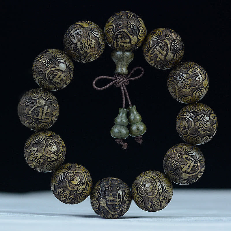 Wear FengShui Chinese Zodiac Rosewood Ebony Copper Coin PiXiu Carved Warmth Bracelet
