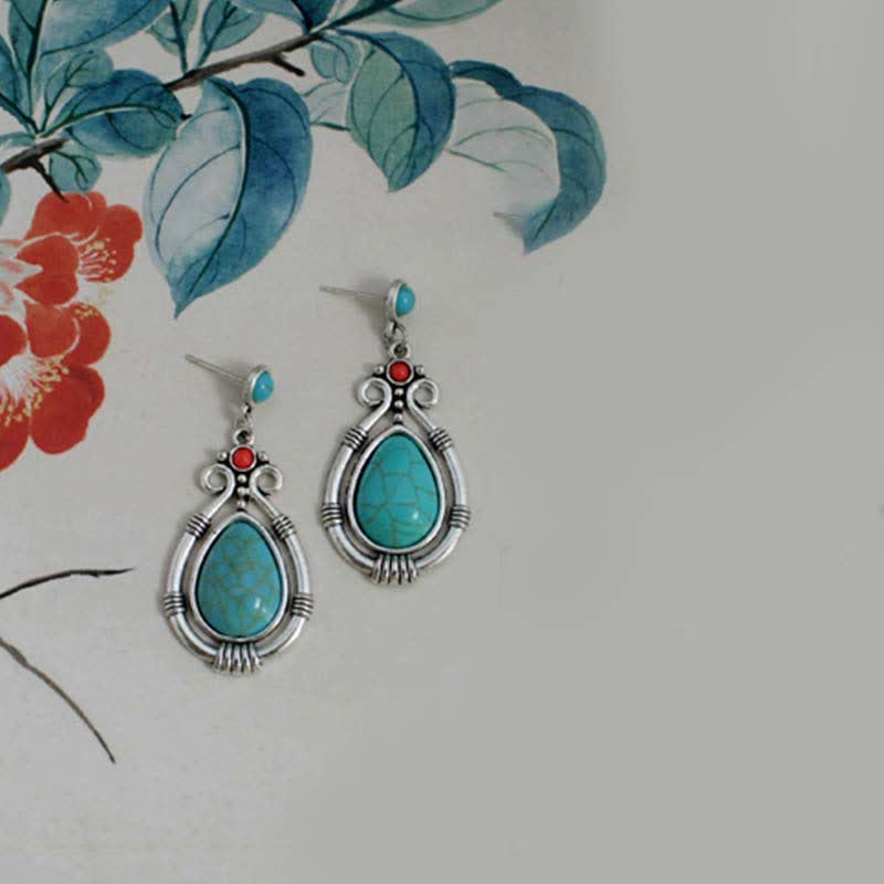Wear FengShui Tibet Vintage Turquoise Waterdrop Strength Drop Dangle Earrings Clips
