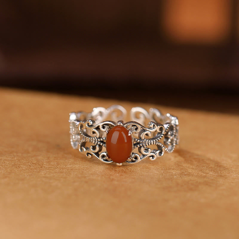 Wear FengShui 925 Sterling Silver Vintage Red Agate Self-acceptance Calm Ring