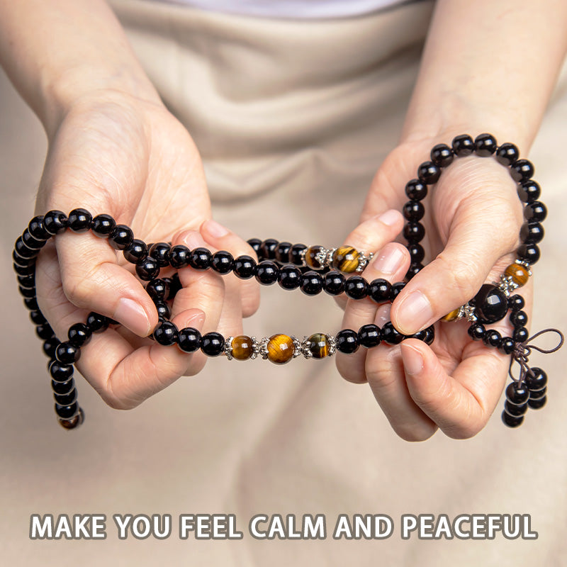 Wear FengShui 108 Beads Natural Black Obsidian Tiger Eye Mala Bracelet