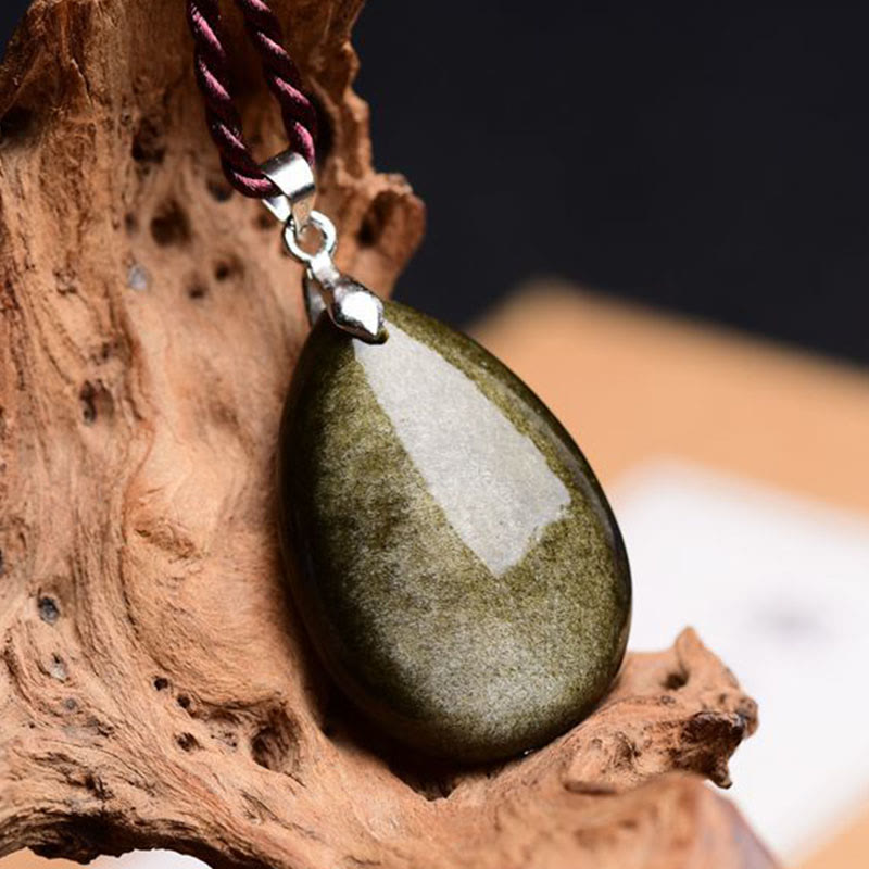 Wear FengShui Gold Sheen Obsidian Black Obsidian Rainbow Obsidian Wealth Water Drop Necklace Pendant