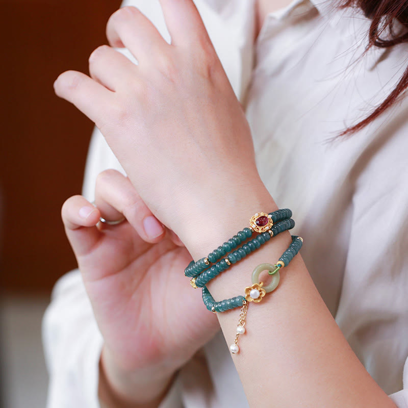 Wear FengShui 925 Sterling Silver Gold Plated Cyan Jade Flower Peace Buckle Success Triple Wrap Bracelet