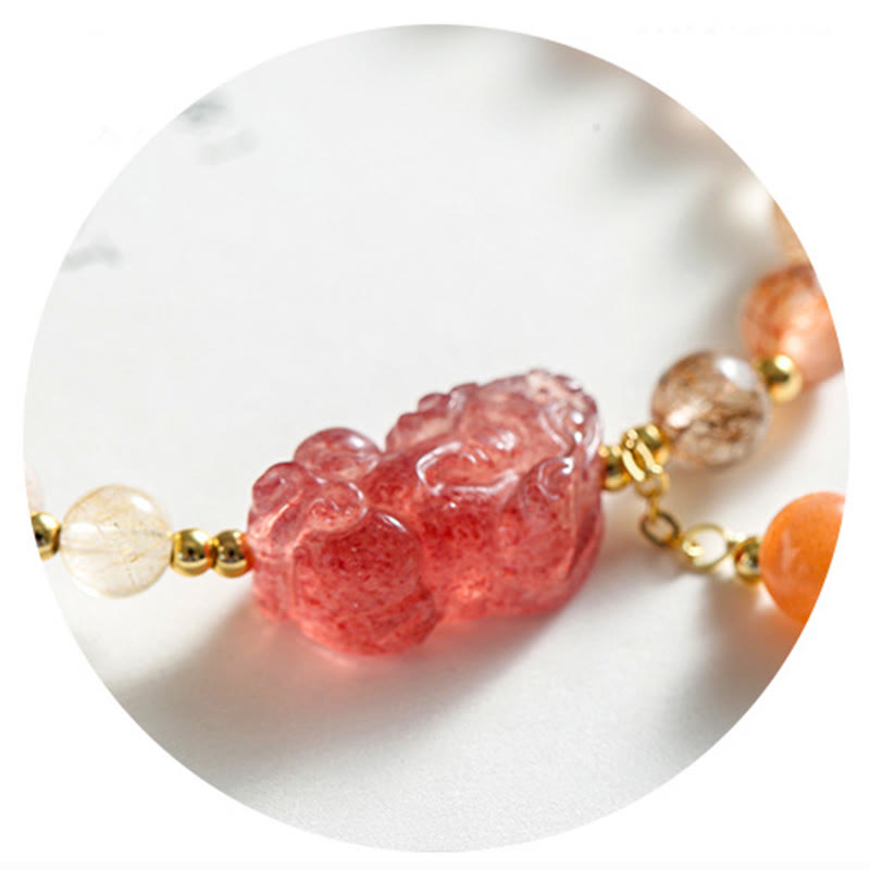 Wear FengShui Natural Rutilated Quartz Strawberry Quartz PiXiu Wealth Bracelet