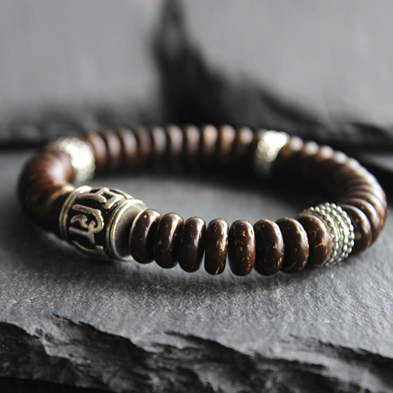 Wear FengShui Natural Tibetan Coconut Shell Om Mani Padme Hum Positive Bracelet