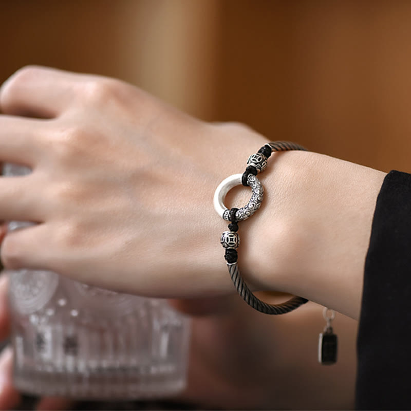 Wear FengShui 999 Sterling Silver Fu Character Peace Buckle Copper Coin Auspicious Clouds Fortune Bracelet