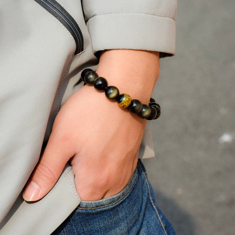 Wear FengShui Chinese Zodiac Natal Buddha Gold Sheen Obsidian Wealth Protection Bracelet