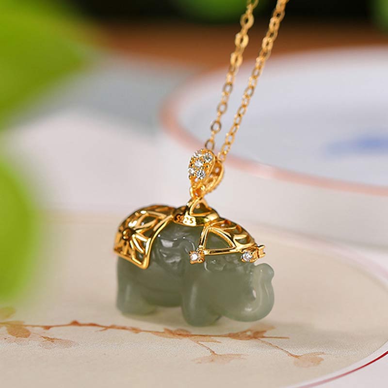 Wear FengShui 925 Sterling Silver Jade Elephant Blessing Fortune Necklace Chain Pendant