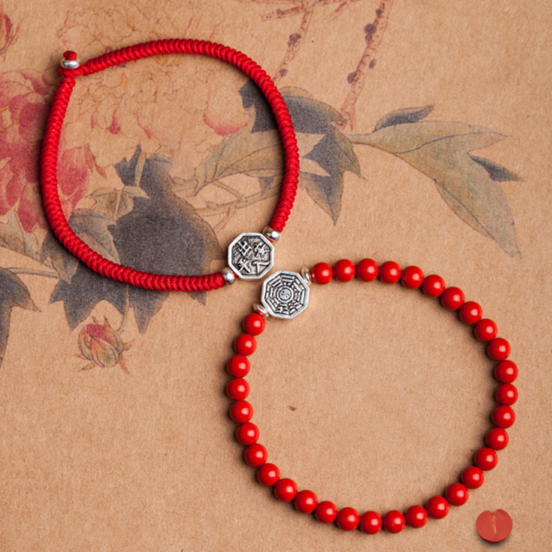 Wear FengShui 925 Sterling Silver Yin Yang Bagua Symbol Cinnabar String Concentration Bracelet