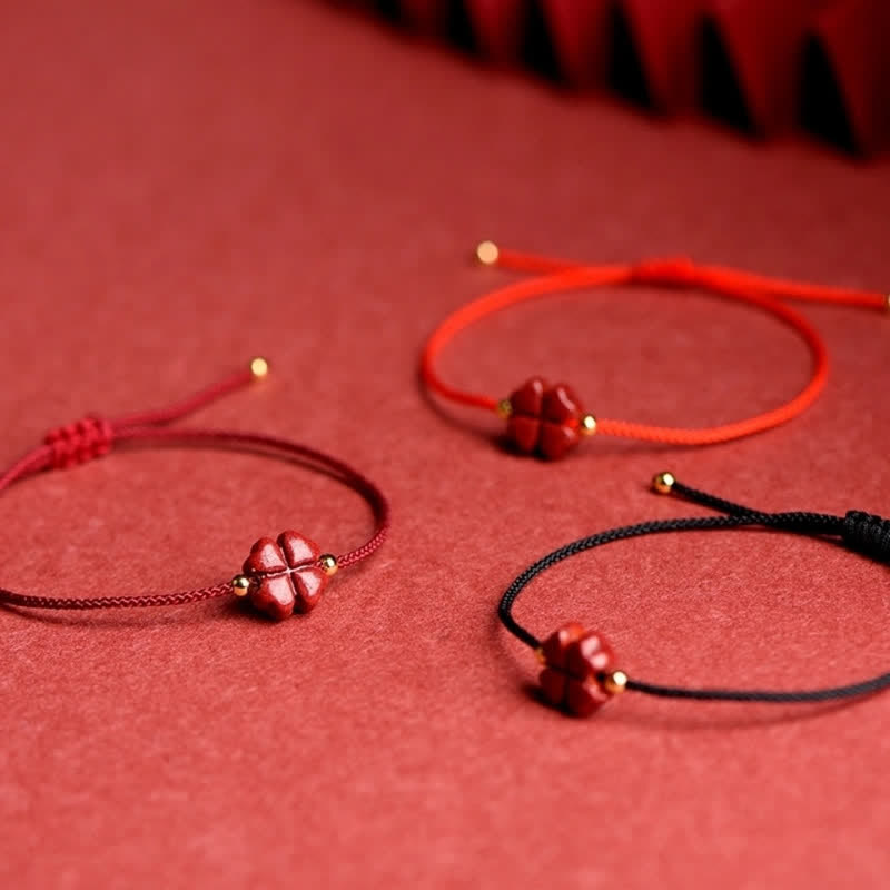 Wear FengShui Natural Cinnabar Four Leaf Clover Blessing Red String Bracelet Anklet