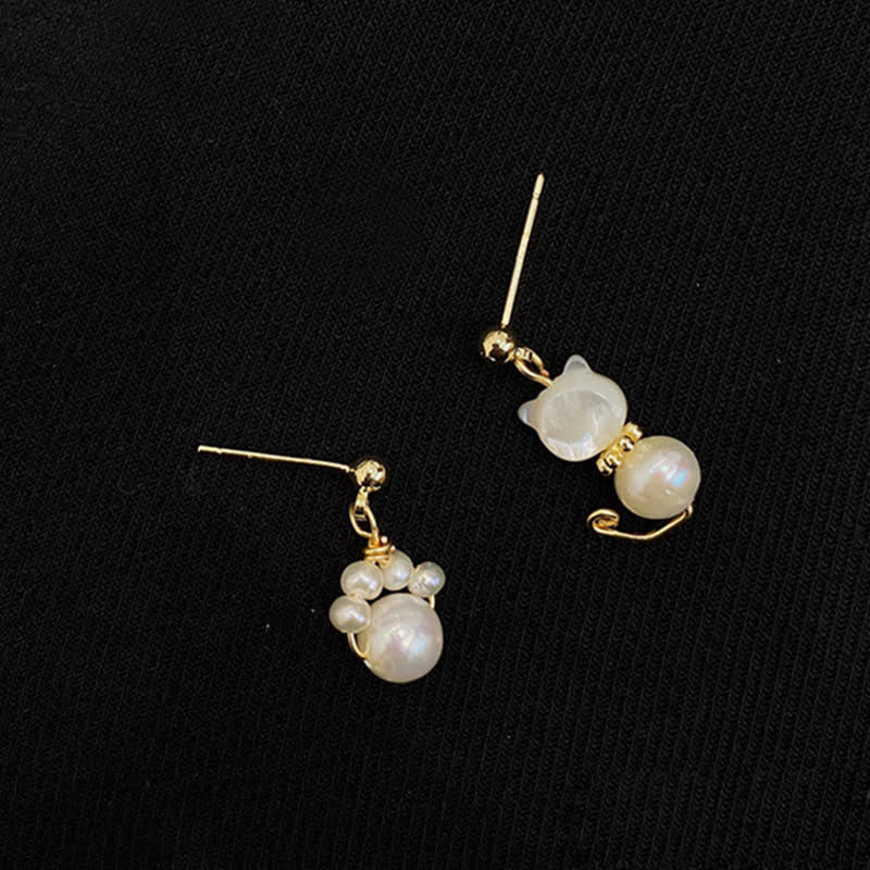 Wear FengShui Cute Cat Paw Pearl Wisdom Stud Drop Earrings