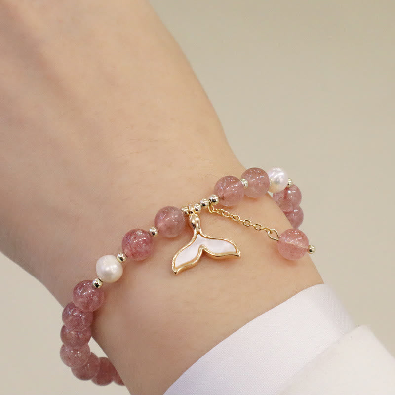Wear FengShui Strawberry Quartz Pearl Elk Smiley Face Fishtail Fu Character Charm Healing Bracelet