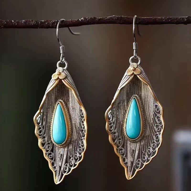 Wear FengShui 925 Sterling Silver Turquoise Bodhi Leaf Pattern Protection Drop Dangle Earrings