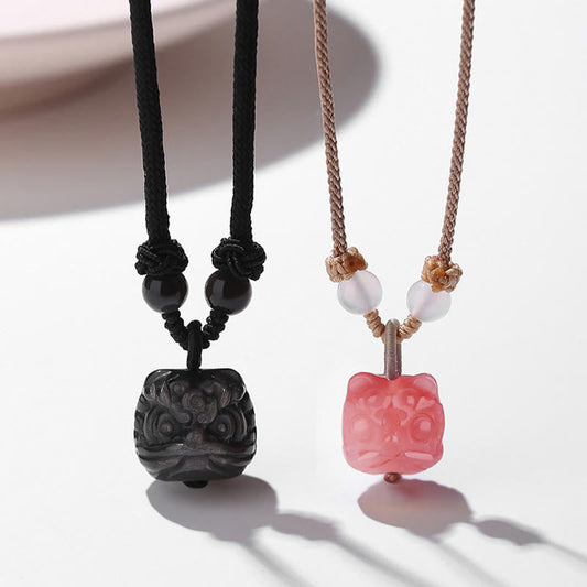 Wear FengShui Natural Silver Sheen Obsidian Red Agate Dancing Lion Protection Necklace Pendant