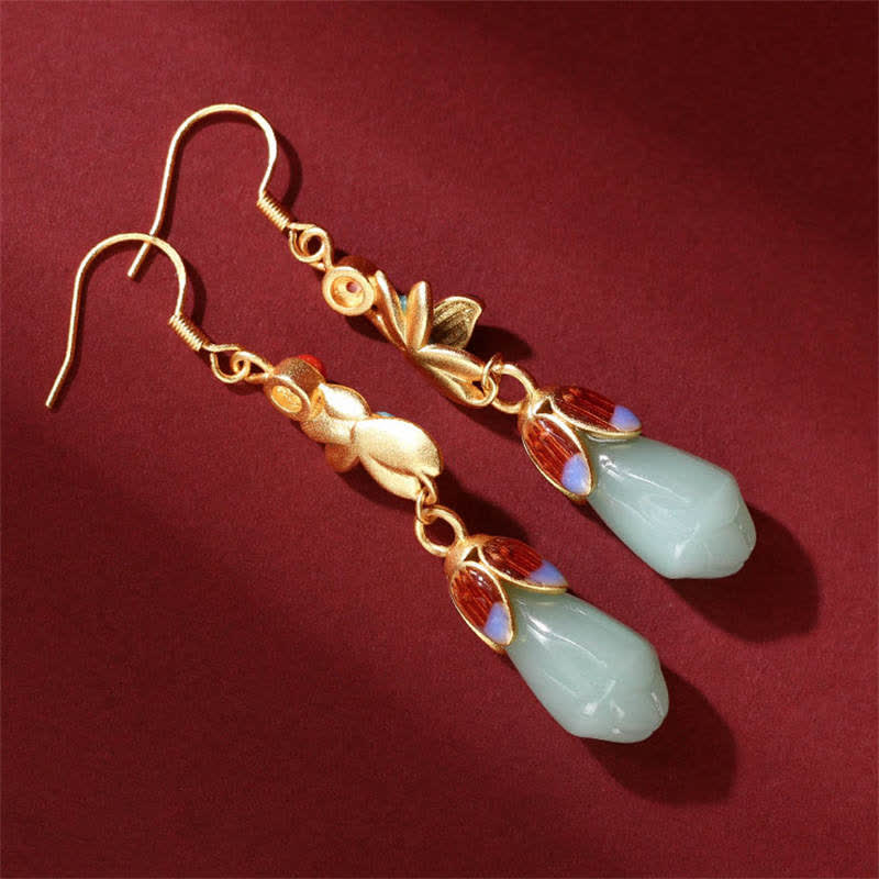 Wear FengShui Magnolia Flower Jade Pattern Luck Prosperity Drop Dangle Earrings