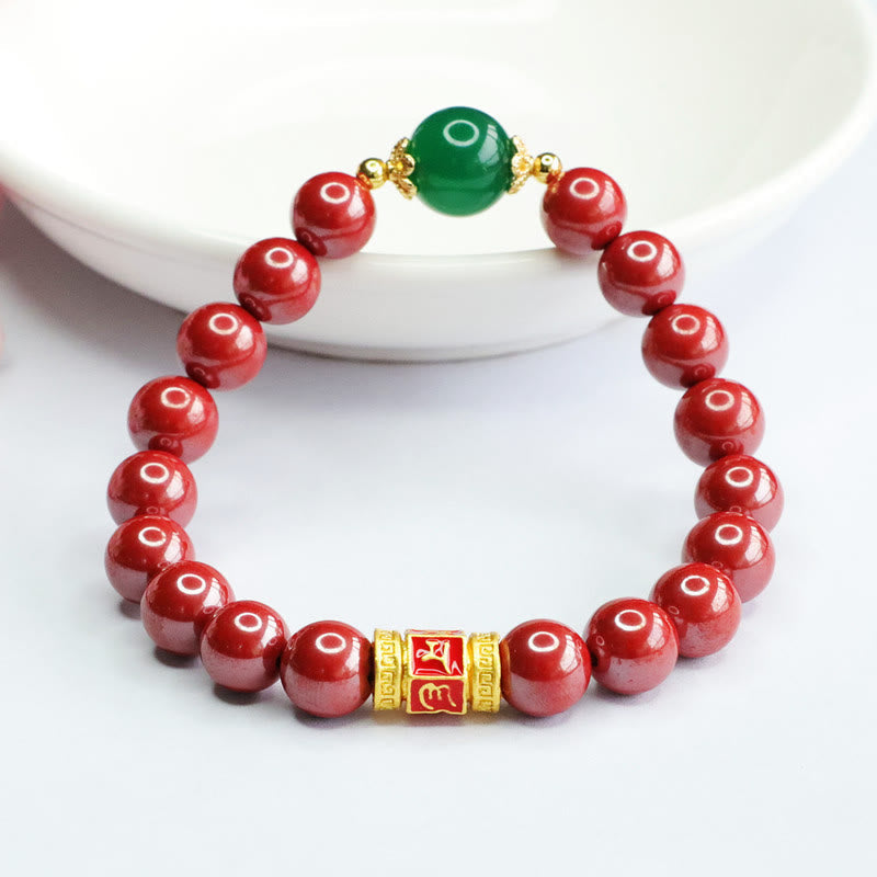 Wear FengShui Natural Cinnabar Green Agate Om Mani Padme Hum Pattern Blessing Bracelet