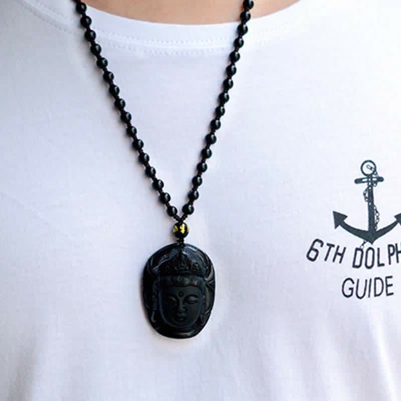 Wear FengShui Natural Black Obsidian Kwan Yin Avalokitesvara Strength String Necklace Pendant
