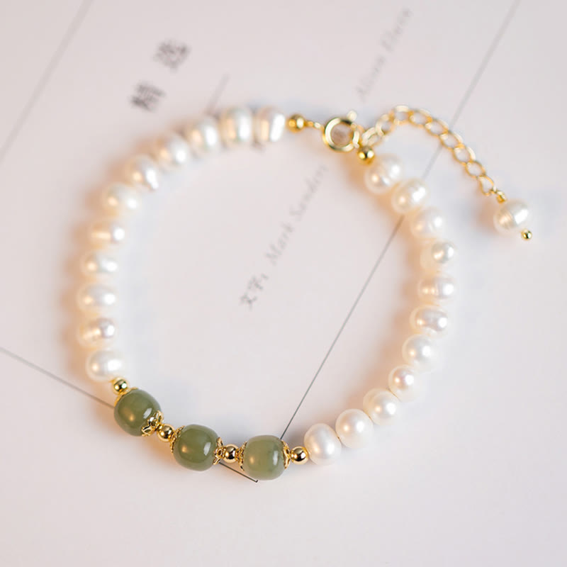 Wear FengShui 14K Gold Plated Natural Pearl Hetian Cyan Jade White Jade Sincerity Bead Chain Bracelet