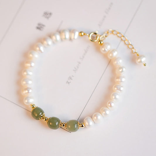 Wear FengShui 14K Gold Plated Natural Pearl Hetian Cyan Jade White Jade Sincerity Bead Chain Bracelet