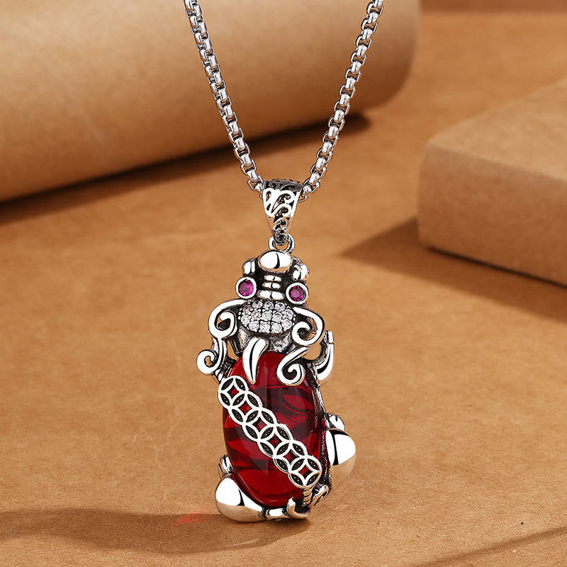 Wear FengShui PiXiu Garnet Copper Coin Wealth Luck Necklace Pendant