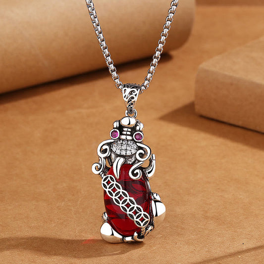 Wear FengShui PiXiu Garnet Copper Coin Wealth Luck Necklace Pendant