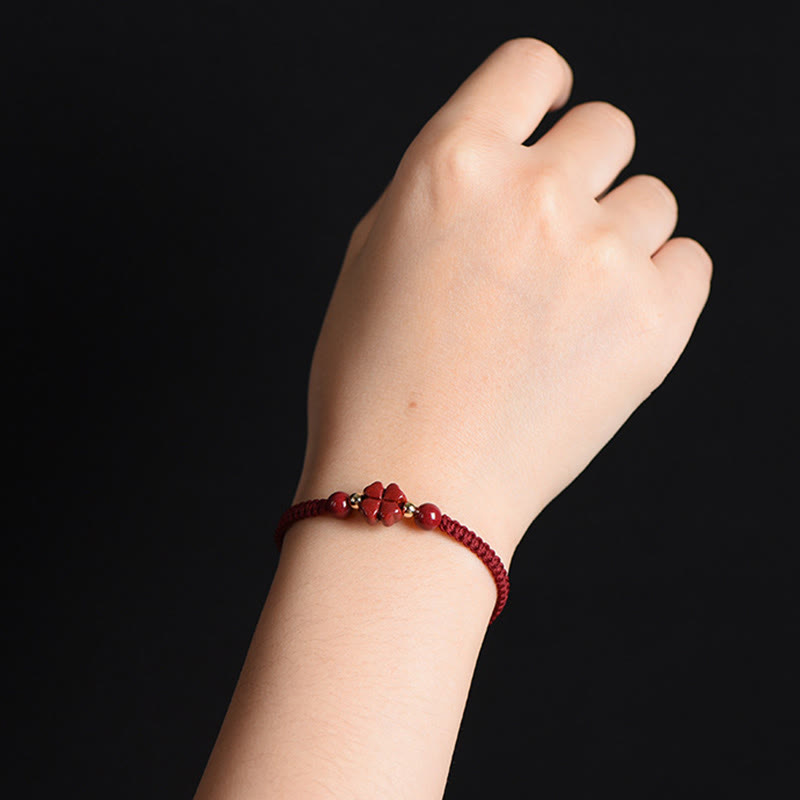 Wear FengShui Four Leaf Clover Five-petal Flower Cinnabar Blessing Red String Bracelet