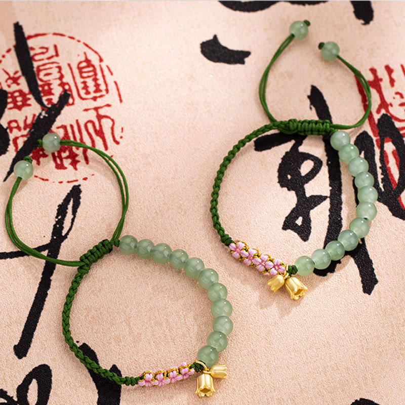 Wear FengShui Handmade Jade Bead Lily of the Valley Charm Luck Braided Bracelet