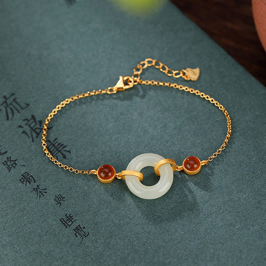 Wear FengShui 925 Sterling Silver Plated Gold Natural Hetian Jade Peace Buckle Red Agate Luck Bracelet