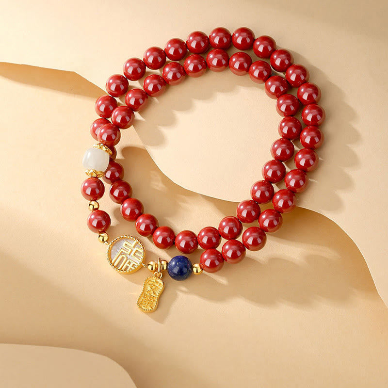 Wear FengShui 925 Sterling Silver Cinnabar Tridacna Stone Fu Character Double Wrap Blessing Bracelet