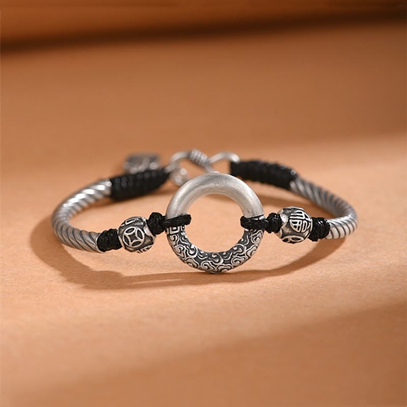 Wear FengShui 999 Sterling Silver Fu Character Peace Buckle Copper Coin Auspicious Clouds Fortune Bracelet