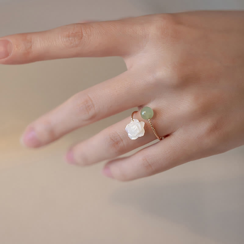 Wear FengShui 14K Gold Plated Tridacna Stone Rose Flower Jade Bead Blessing Ring