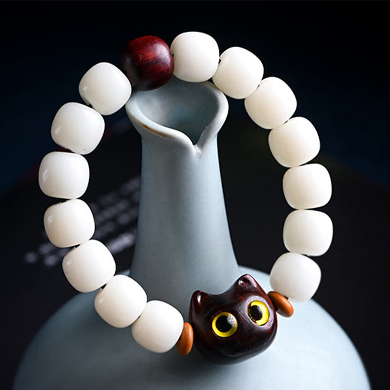 Wear FengShui Natural Bodhi Seed Small Leaf Red Sandalwood Ebony Wood Cute Lucky Cat Wisdom Bracelet