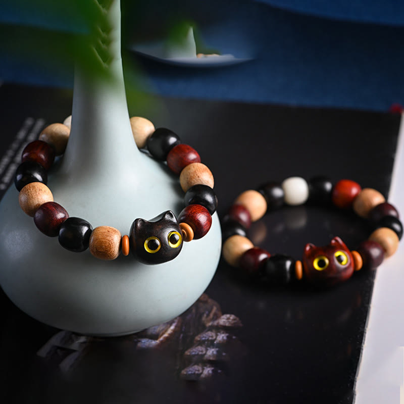 Wear FengShui Small Leaf Red Sandalwood Ebony Wood Cute Cat Engraved Protection Bracelet