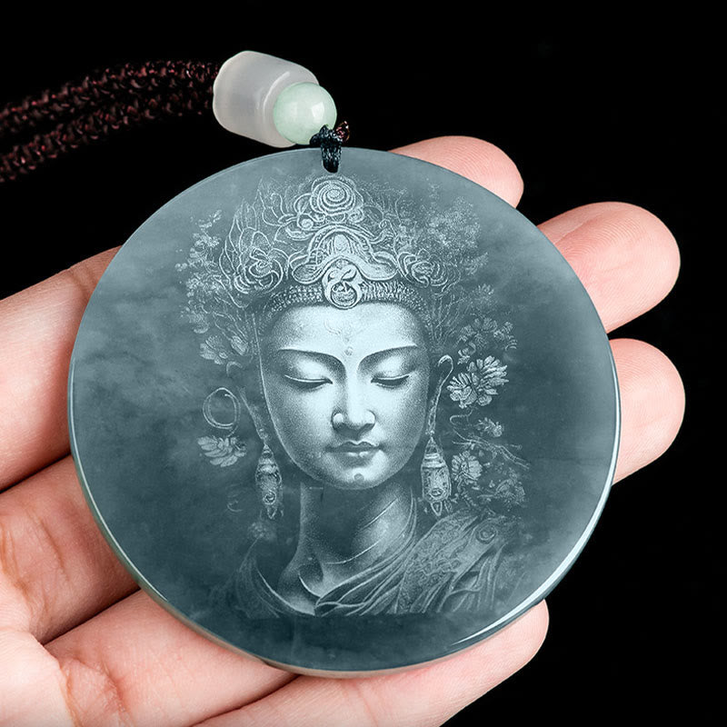 Wear FengShui Kwan Yin Avalokitesvara Jade Abundance String Necklace Pendant