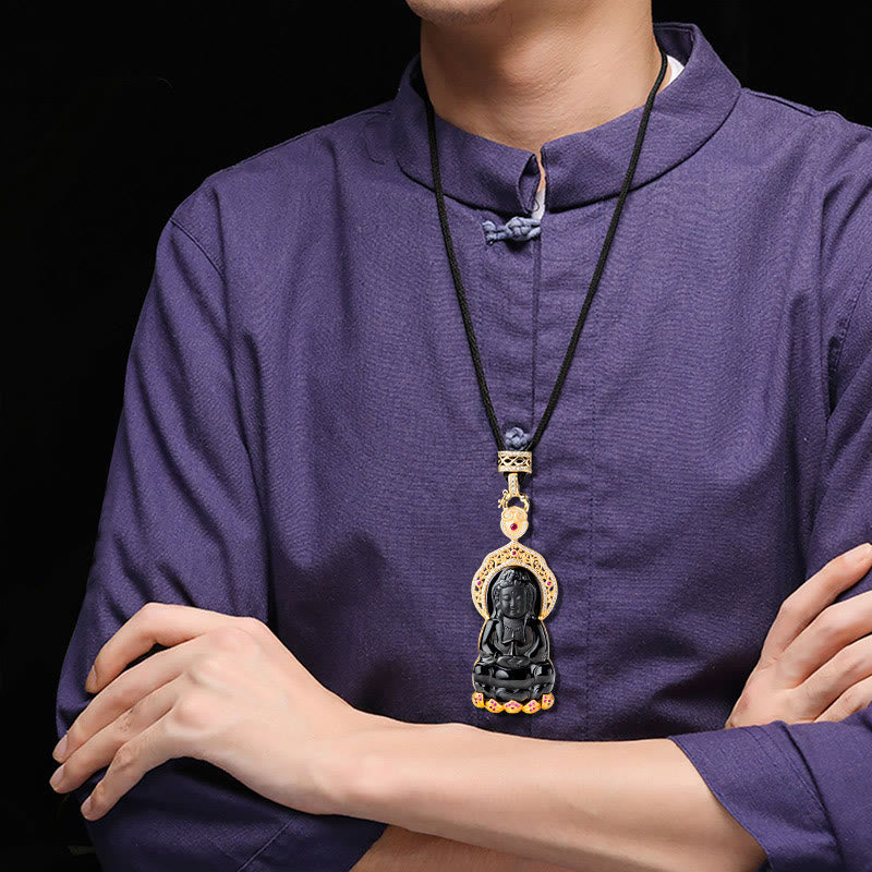 Wear FengShui Natural Black Jade Kwan Yin Avalokitesvara Wealth Titanium Steel Chain Necklace Pendant