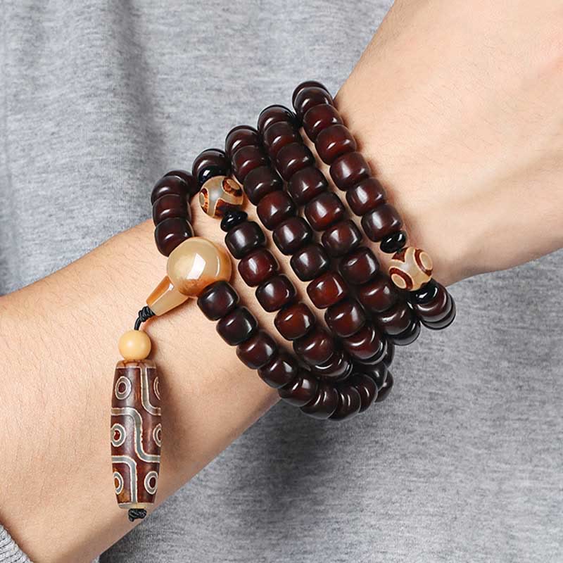 Wear FengShui 108 Mala Beads Three-eyed Dzi Bead Nine-eye Dzi Bead Jade Luck Bracelet