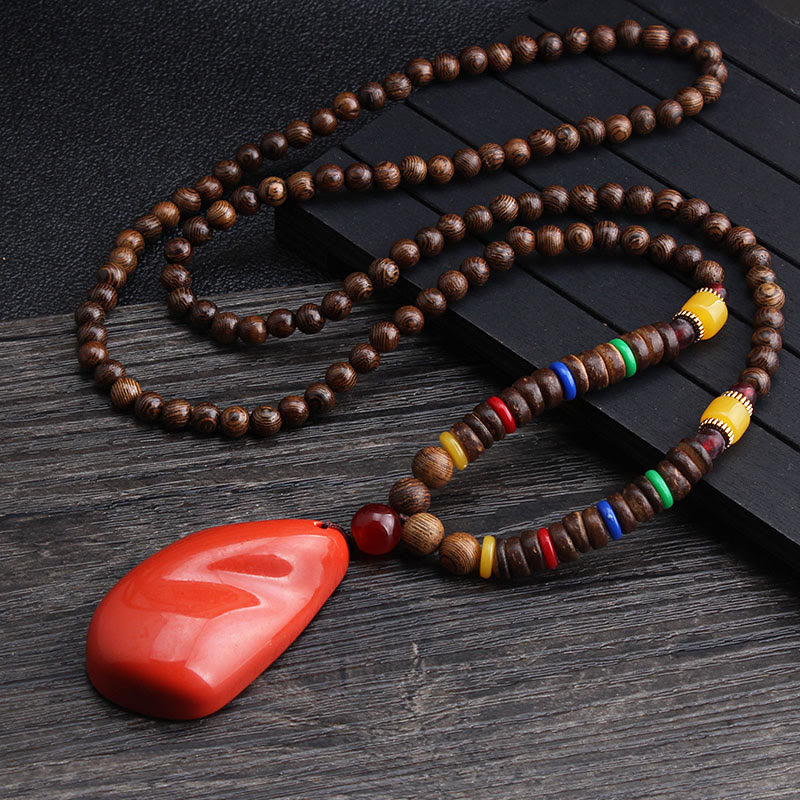 Wear FengShui Tibetan Wenge Wood Bodhi Seed Agate Balance Peace Necklace Pendant