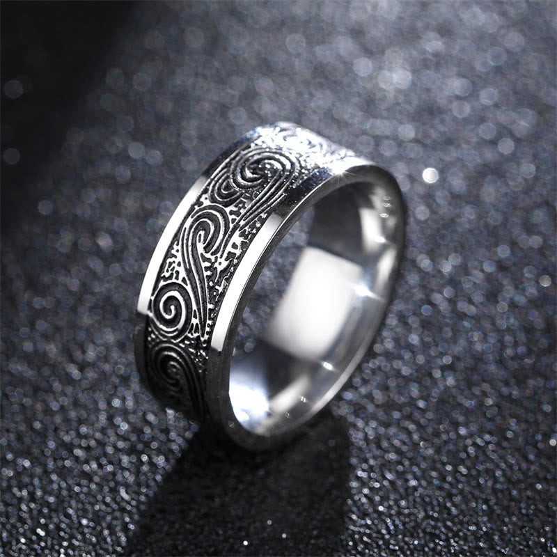 Wear FengShui Vintage Wave Auspicious Clouds Engraved Pattern Titanium Steel Balance Ring