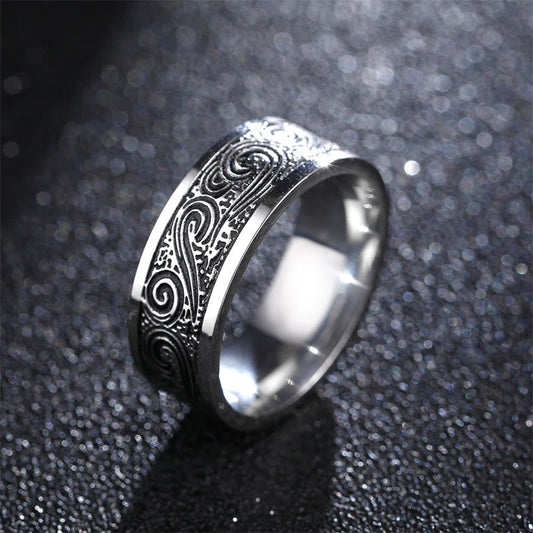Wear FengShui Vintage Wave Auspicious Clouds Engraved Pattern Titanium Steel Balance Ring