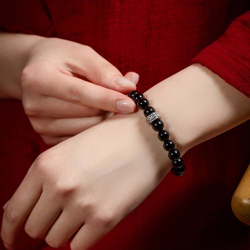 Wear FengShui Chinese Zodiac Natal Buddha 925 Sterling Silver Black Obsidian Moonstone Strength Bracelet