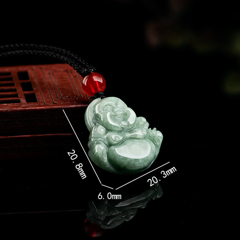Wear FengShui Natural Green Jade Laughing Buddha Luck Abundance Necklace Pendant
