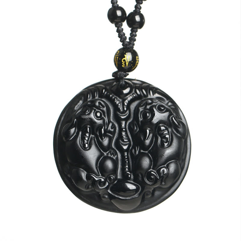 Wear FengShui Black Obsidian Double Pixiu Bead Rope Purification Necklace Pendant