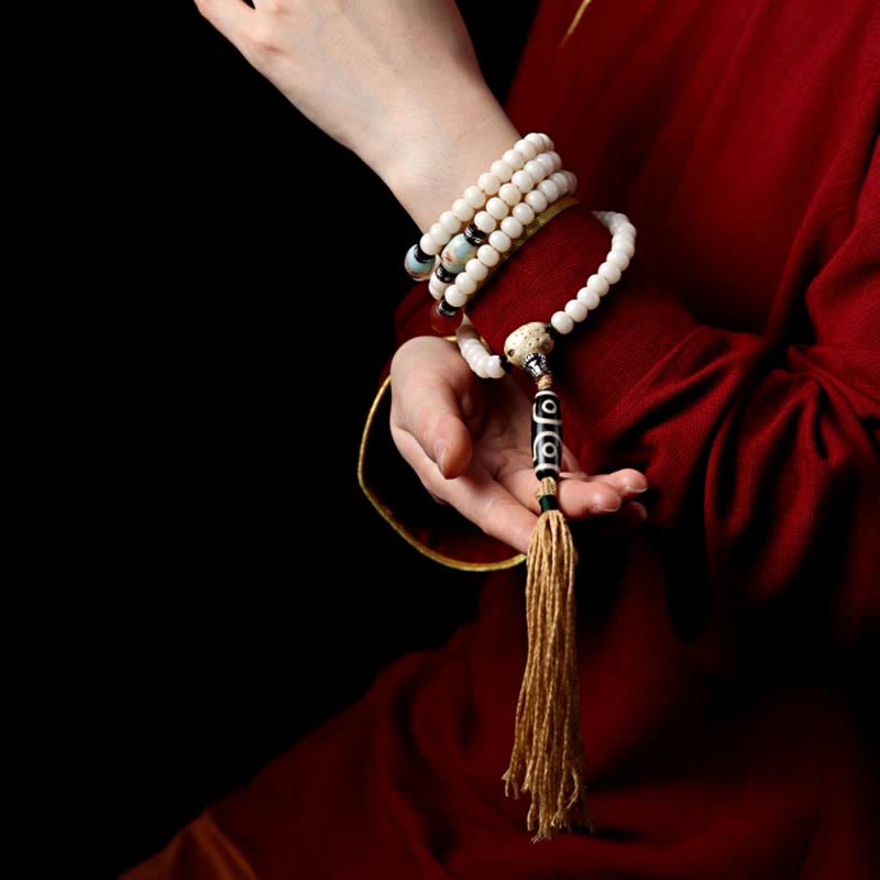 Wear FengShui Tibet 108 Mala Beads Bodhi Seed Bagua Vajra Dzi Bead Gray Agate Wealth Bracelet