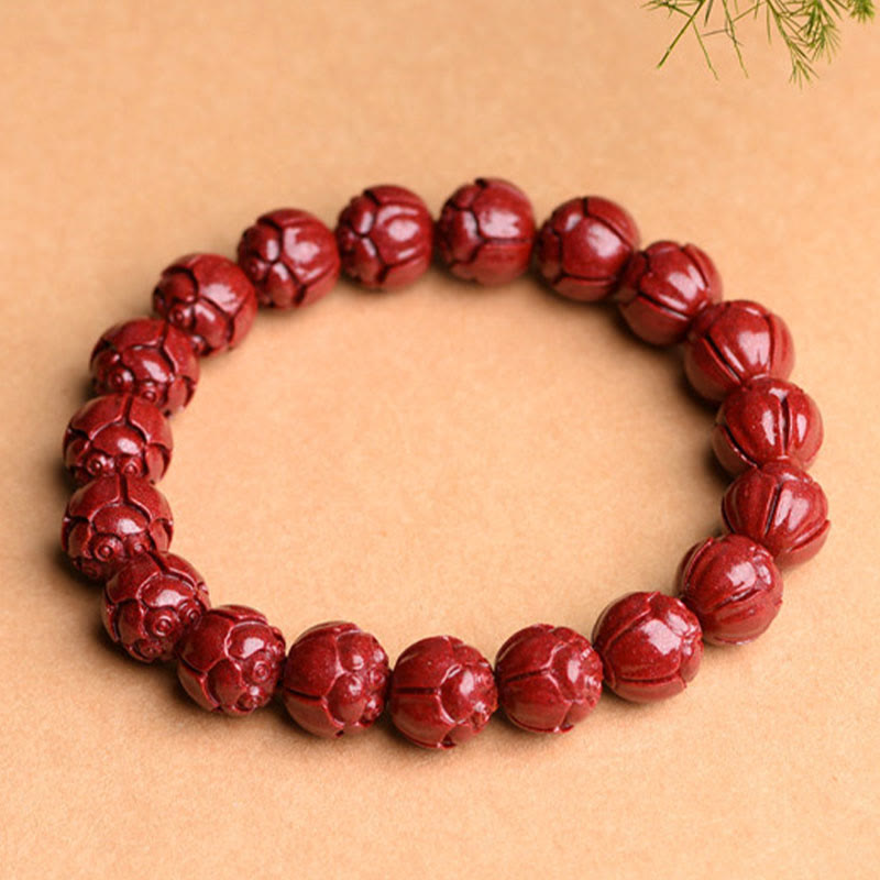 Wear FengShui Natural Cinnabar Om Mani Padme Hum Fret Pattern Lotus Blessing Bracelet