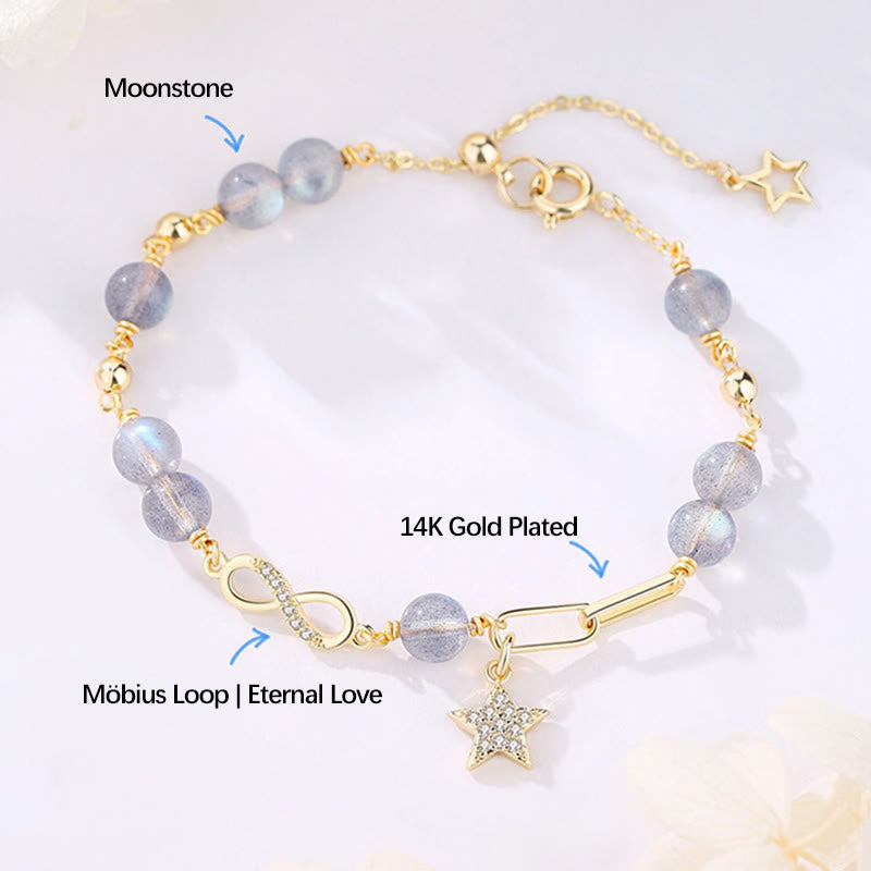 Wear FengShui 14K Gold Plated Natural Strawberry Quartz Moonstone Möbius Loop Eternal Love Star Positive Bracelet
