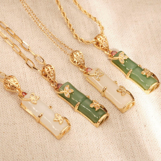 Wear FengShui White Jade Cyan Jade Bamboo Luck Protection Necklace Pendant