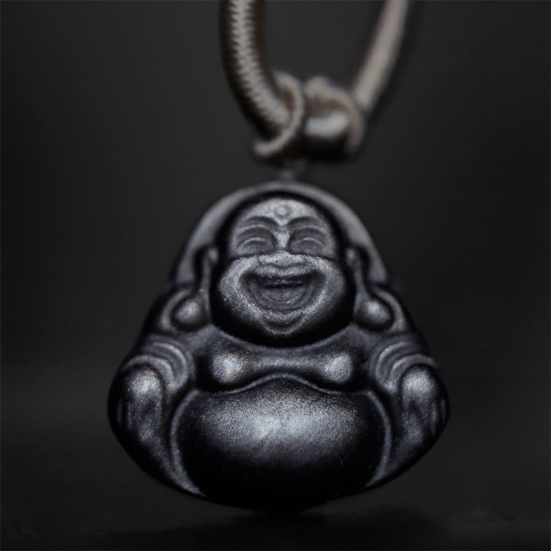 Wear FengShui Natural Silver Sheen Obsidian Laughing Buddha Protection Necklace Pendant