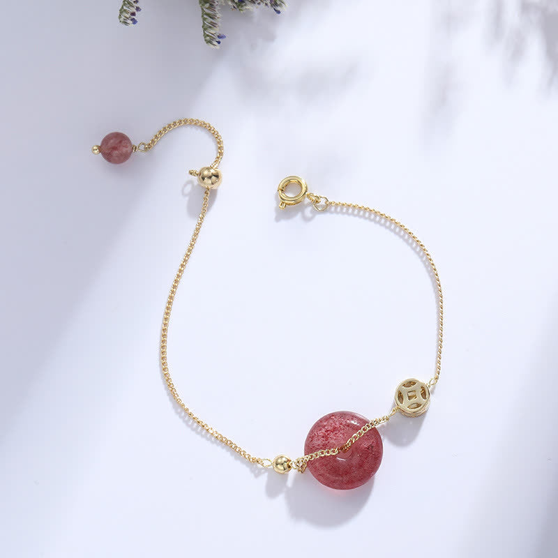 Wear FengShui Strawberry Quartz Peace Buckle Coin Love Bracelet