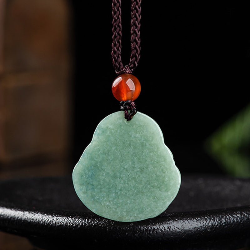 Wear FengShui Laughing Buddha Cyan Jade Success Necklace String Pendant